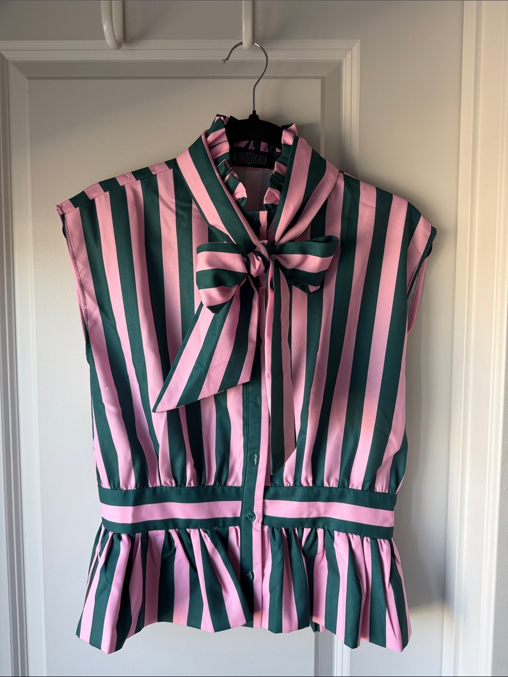 Source Unknown Pink & Green Striped Bow-Front Kids Dress